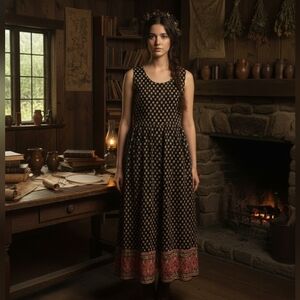 Vintage S Roberts Dark Cottage Apron Dress Small Button Tie Back Pocket 90s